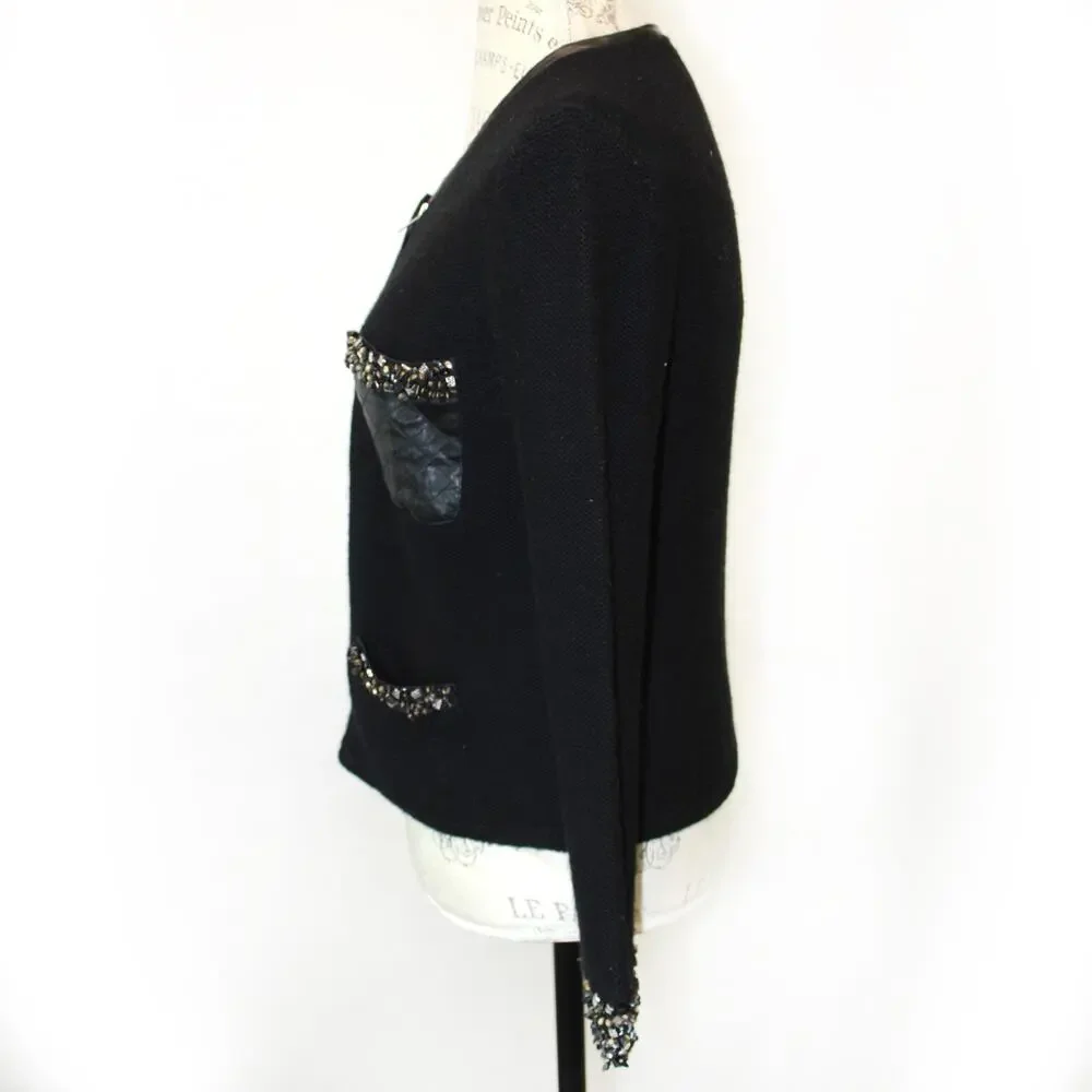 Madison Marcus Black Knit Jacket Blazer Full Zip Embroidered Beads Old Money S